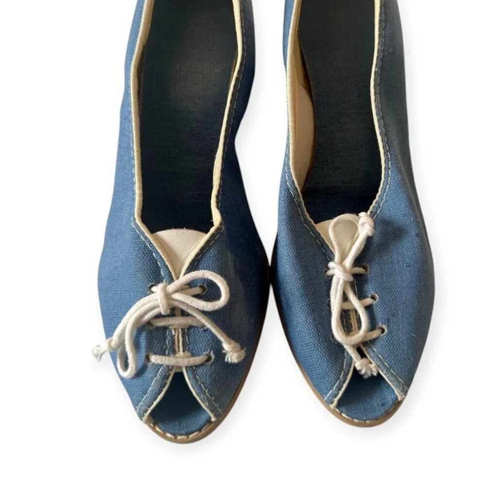 Vintage Blue Canvas Peep Toe Heels w/ Lace-Up Front | Stacked Heel | Size 7